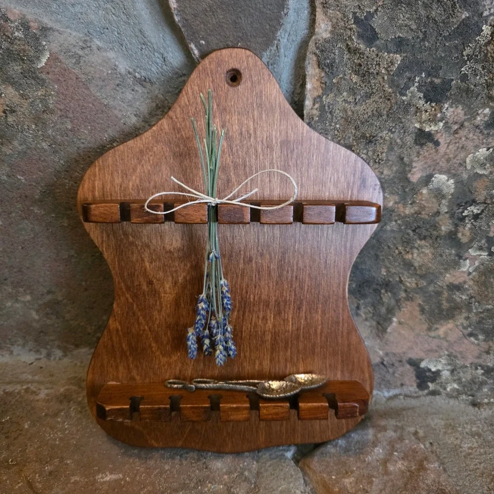 Vintage Wood Wall Spoon Rack Display Holder Slot Brown Scalloped Farmhouse Decor